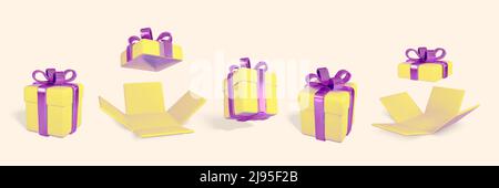 3D realistic yellow gift boxes with shiny purple bow and ribbon. Paper boxes isolated on light background. Vector illustration. Stock Vector