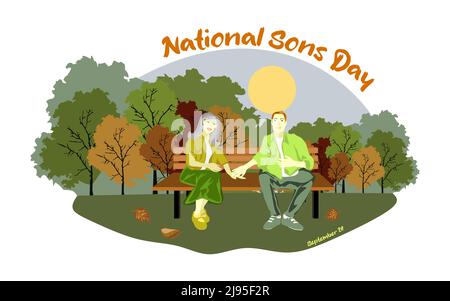 Happy European family sits on a park bench in sunny weather vector illustration Stock Vector