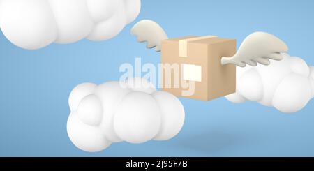 3d flying cardboard box with wings in the clouds. Carton delivery packaging. Delivery service concept. Vector illustration. Stock Vector