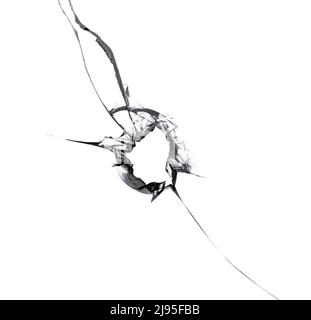 Texture of broken glass, hole in the window, cracks isolated on white background. Stock Photo