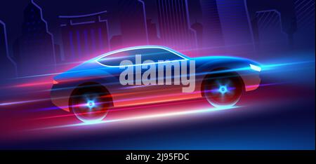 Fast moving car with blue and red glowing neon lights running at high speed on a downtown city road. Automotive vector background. Stock Vector