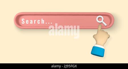 Realistic 3d search bar design element with hand pointing in cartoon minimal style on light background. Vector illustration. Stock Vector