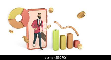 3D Cute cartoon smart phone with stock trading graph. Business graph. Business invest development concept. Vector illustration. Stock Vector
