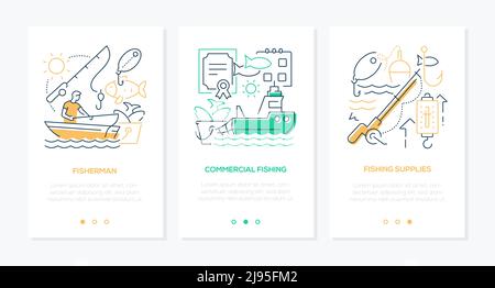Fishing in salt and fresh water - line design style banners set Stock Vector