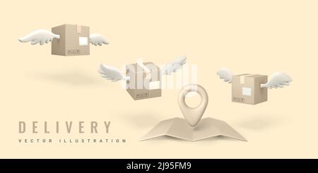 3d parcels with wings fly to the point of destination. Delivery service concept. Vector illustration. Stock Vector