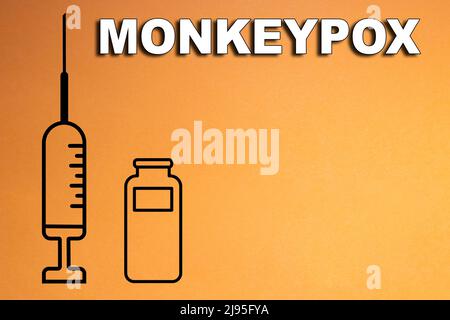 Vaccine. Monkeypox. Smallpox vaccine. Design of a vaccine with the injection, the syringe and the vial. Vaccine for monkeypox. Clade 2. Stock Photo