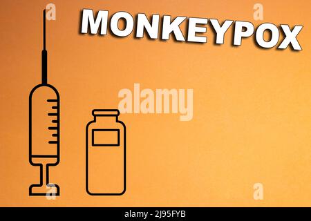 Vaccine. Monkeypox. Smallpox vaccine. Design of a vaccine with the injection, the syringe and the vial. Vaccine for monkeypox. Clade 2. Stock Photo