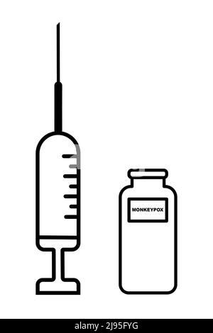 Vaccine. Monkeypox. Smallpox vaccine. Design of a vaccine with the injection, the syringe and the vial. Vaccine for monkeypox. Clade 2. Stock Photo