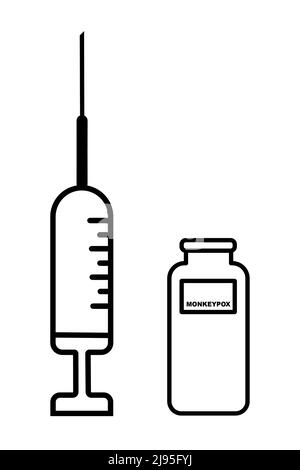 Vaccine. Monkeypox. Smallpox vaccine. Design of a vaccine with the injection, the syringe and the vial. Vaccine for monkeypox. Clade 2. Stock Photo