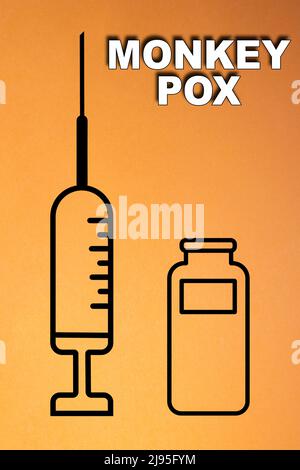 Vaccine. Monkeypox. Smallpox vaccine. Design of a vaccine with the injection, the syringe and the vial. Vaccine for monkeypox. Clade 2. Stock Photo