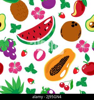 Seamless pattern of exotic fruits and hibiscus flowers, summer vector illustration in cartoon style. Pitaia, coconut, apple, avocado, lychee and water Stock Vector