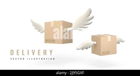 3d flying parcel with wings. Carton delivery packaging. Delivery service concept. Vector illustration. Stock Vector