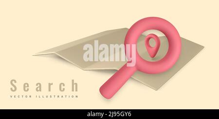 Map Search. Magnifying glass. Search icon symbol. Pin point marker on map. Vector illustration. Stock Vector