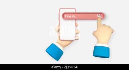 Realistic 3d phone with search bar element and hand pointing in cartoon minimal style on light background. Vector illustration. Stock Vector