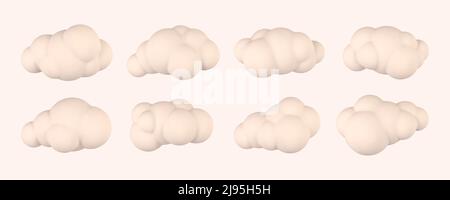3d plastic clouds. Set of round cartoon fluffy clouds isolated on a light background. Vector illustration. Stock Vector