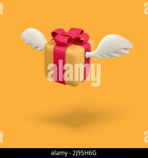 3d flying gift box with wings on orange background. Delivery service concept. Vector illustration. Stock Vector