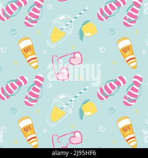 Colorful seamless summer pattern with hand drawn beach elements such as sunglasses, palm, watermelon slice, tote bag, umbrella, ice cream, waves, sand Stock Vector