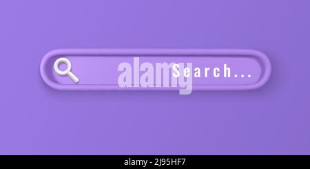 Realistic 3d search bar design element in cartoon minimal style on violet background. Vector illustration. Stock Vector