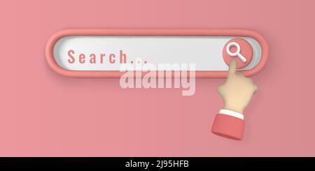 Realistic 3d search bar design element with hand pointing in cartoon minimal style on red background. Vector illustration. Stock Vector