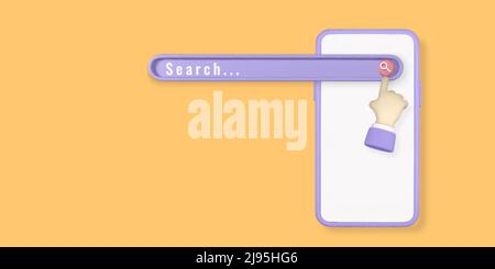 Realistic 3d phone with search bar element and hand pointing in cartoon minimal style on yellow background. Vector illustration. Stock Vector