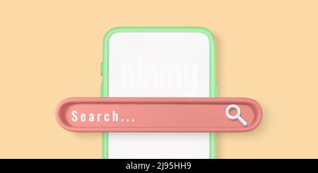 Realistic 3d phone with search bar element in cartoon minimal style on light yellow background. Vector illustration. Stock Vector