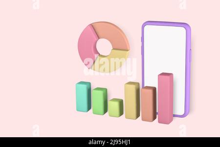 3D Cute cartoon smart phone with stock trading graph. Business graph. Business invest development concept. Vector illustration. Stock Vector