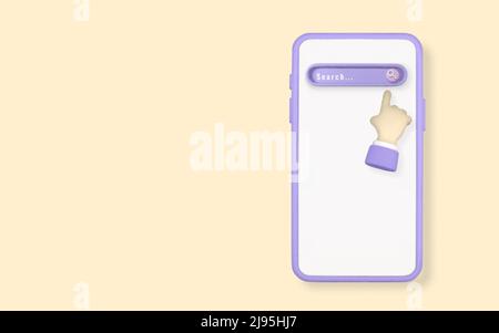 Realistic 3d phone with search bar element and hand pointing in cartoon minimal style on light background. Vector illustration. Stock Vector