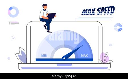 Website loading optimization Page speed and SEO Flat vector concept illustration Website speed Loading time Page optimization Speed test metering dial Stock Vector
