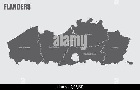 Flanders region, administrative map with labels, Belgium Stock Vector