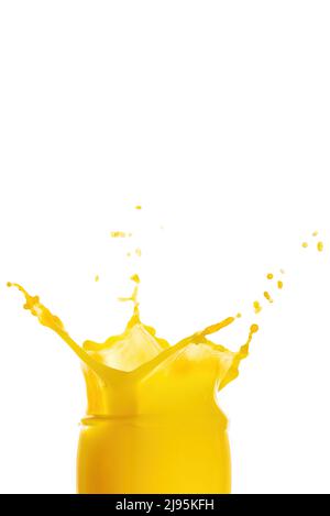 orange juice splash isolated on white. glass of splashing orange juice. fresh orange fruit juice splashing in glass. stock photo Stock Photo