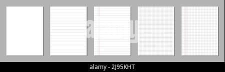 Set of realistic lined notepapers. Vector illustration of blank sheets of square and lined paper from block isolated on gray background Stock Vector