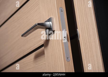 modern and secured metal door handle and latch detail Stock Photo