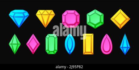 Colorful diamonds and gemstones collection. Gems isolated on black background. Vector illustration. Stock Vector