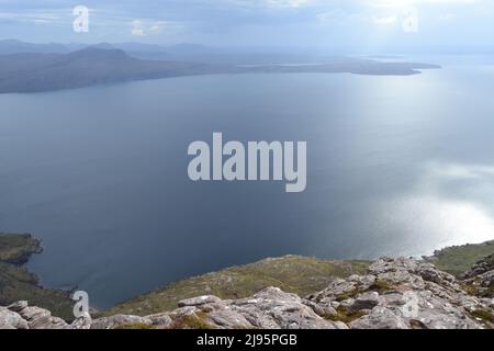 Ben Mor Coigach, an fab ridge near Ullapool, hikers, walkers, views of Summer Isles and Suilven mountain, Stac Poilaidh and Cul Mor views Sandstone Stock Photo