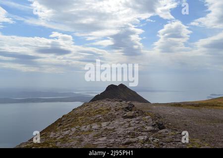 Ben Mor Coigach, an fab ridge near Ullapool, hikers, walkers, views of Summer Isles and Suilven mountain, Stac Poilaidh and Cul Mor views Sandstone Stock Photo