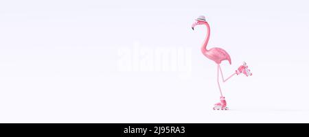 Pink flamingo rides roller skates isolated on white background. Summer travel concept 3D Render 3D Illustration Stock Photo