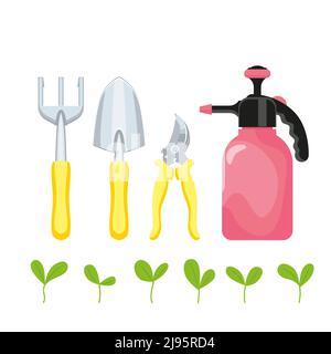 Vector set of gardening tool images. Care instruction symbols. Flat style. Stock Vector