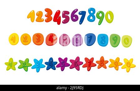 Colorful cartoon numbers and stars for kids, birthday card template. Vector illustration Stock Vector