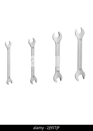 Row of mechanic silver metal tool wrench for repair isolated on white Stock Photo