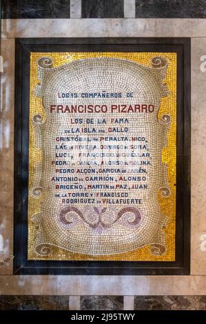 Mosaic with the names of the Famous Thirteen men who continued traveling with Francisco Pizarro in the early 1500s in search of gold in Peru. Stock Photo