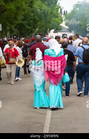 Madrid, Spain; 15th May 2022: A group of people visiting the stalls at the Saint Isidro fair. Mother and daughter with their backs turned dressed in t Stock Photo