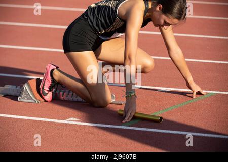 Austin Texas USA, May 22 2022: Start of the girls 4X200-meter relay class 2A at the Texas state high school track championships. ©Bob Daemmrich Stock Photo