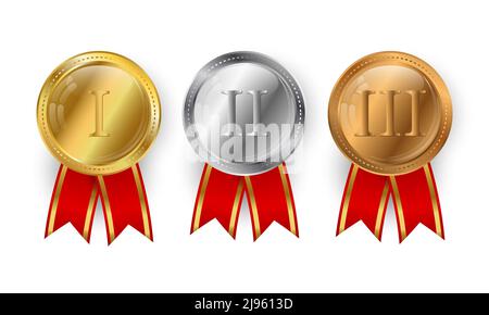 Realistic gold, silver and bronze medal winners with red ribbon on a white background.Vector illustration of a set of sports awards. Stock Vector