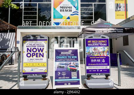 Miami Beach Florida,Ocean Drive Art Deco Welcome Center centre walking tours signs,entrance outside exterior Stock Photo