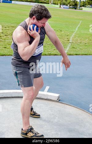 Fort Ft. Lauderdale Florida,Ansin Sports Complex Track & Field National Senior Games,male man competitor competing throwing shot put Stock Photo