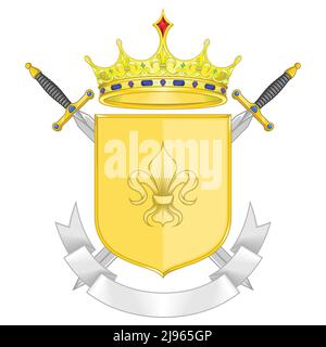 Middle ages heraldic shield vector design, coat of arms with fleur de lis heraldic symbol, with crowns and swords Stock Vector