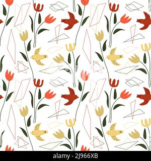 Seamless flowers and birds pattern Stock Vector