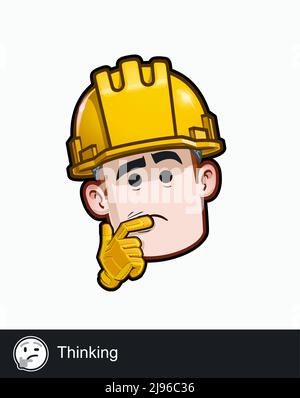 Icon of a construction worker face with Thinking emotional expression. All elements neatly on well described layers and groups. Stock Vector