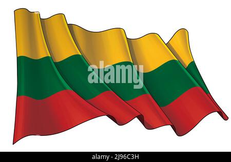 Vector illustration of a Waving Flag of Lithuania. All elements neatly on well-defined layers and groups. Stock Vector