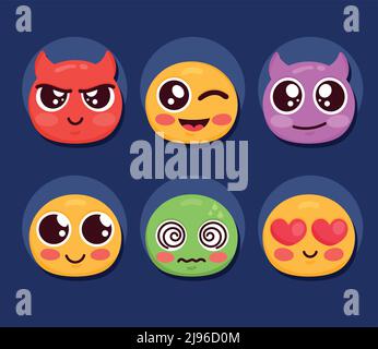 six emoticons characters set icons Stock Vector